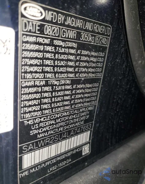 2020 Land Rover Range Rover Sport Hse from USA, damaged, VIN SALWR2SU4LA747653